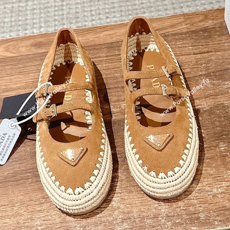 Prada Suede and raffia straw ballerinas flat Brown 2025 1F869N (syt-250603073)