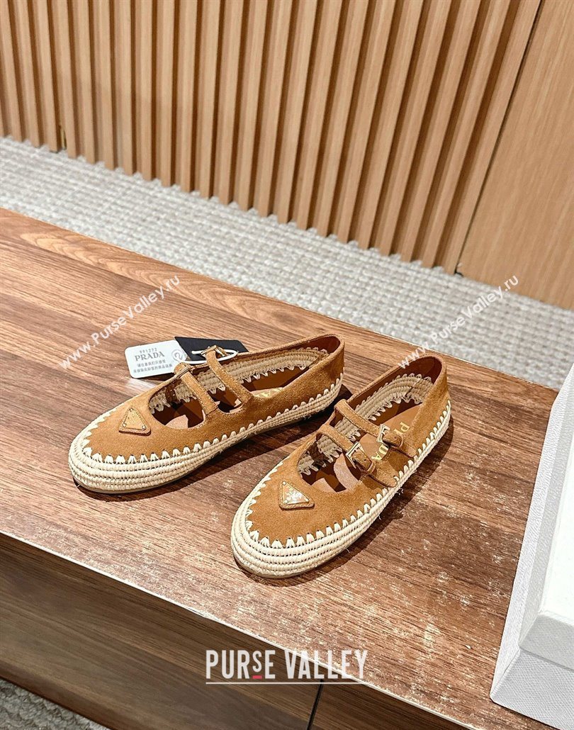 Prada Suede and raffia straw ballerinas flat Brown 2025 1F869N (syt-250603073)