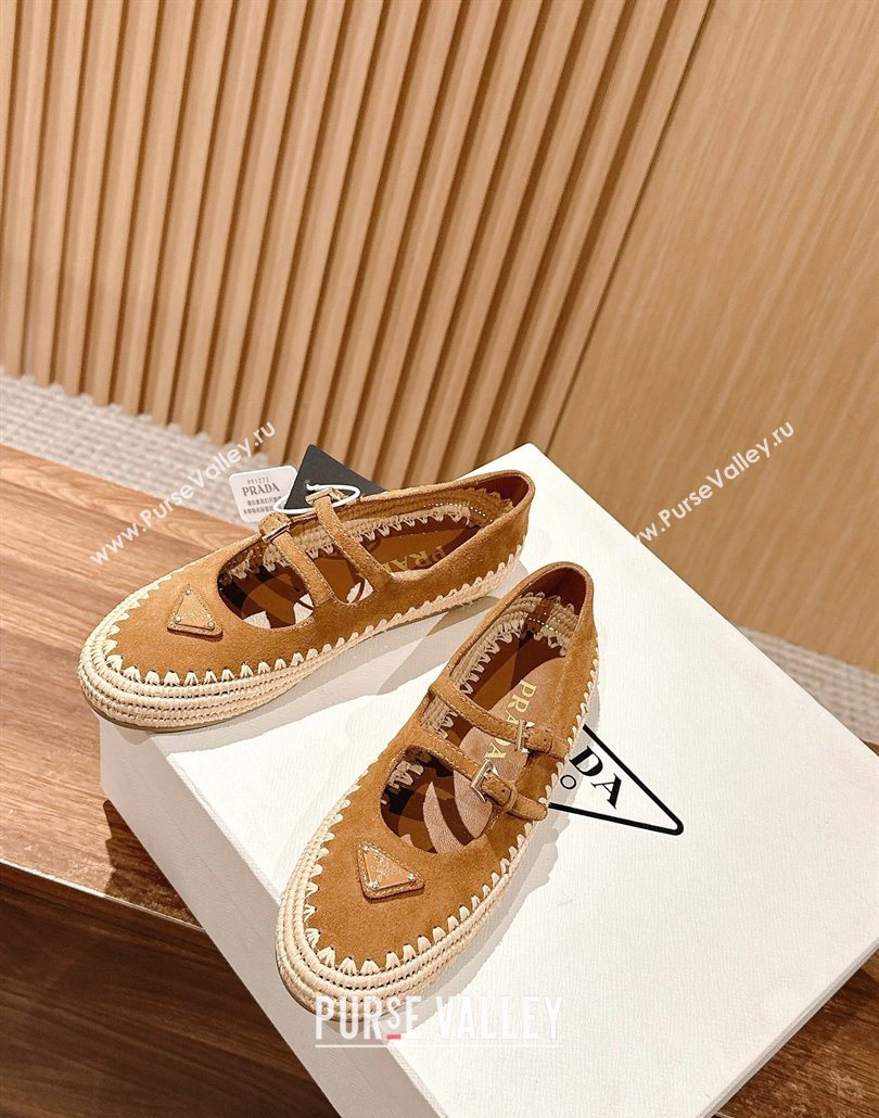Prada Suede and raffia straw ballerinas flat Brown 2025 1F869N (syt-250603073)