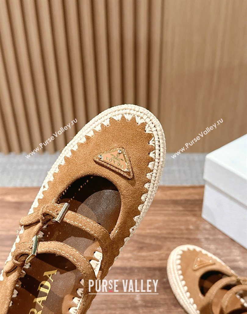 Prada Suede and raffia straw ballerinas flat Brown 2025 1F869N (syt-250603073)