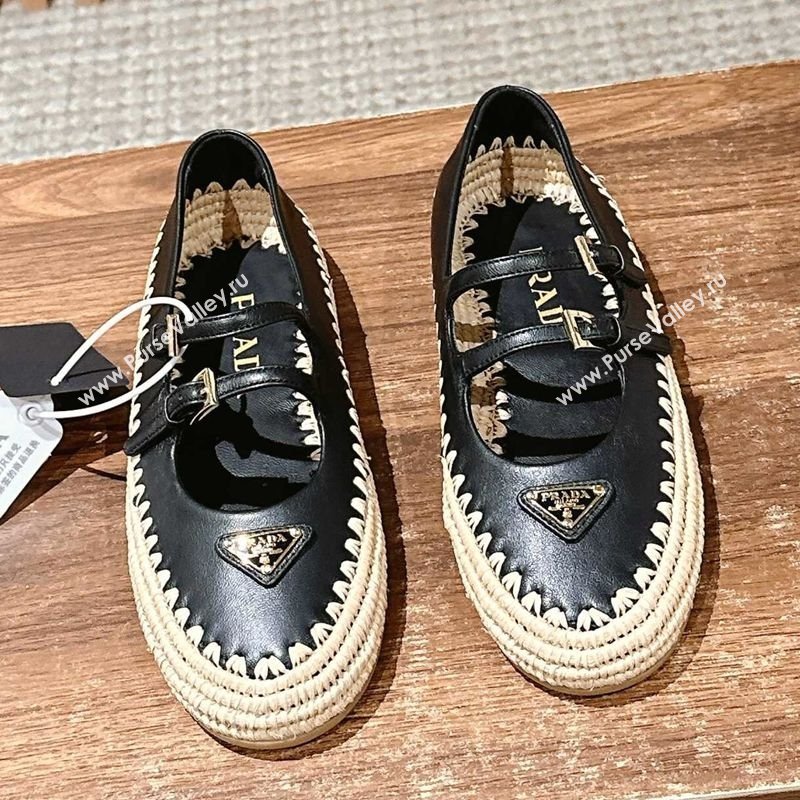 Prada Nappa leather and raffia straw ballerinas flat Black 2025 1F869N (syt-250603074)