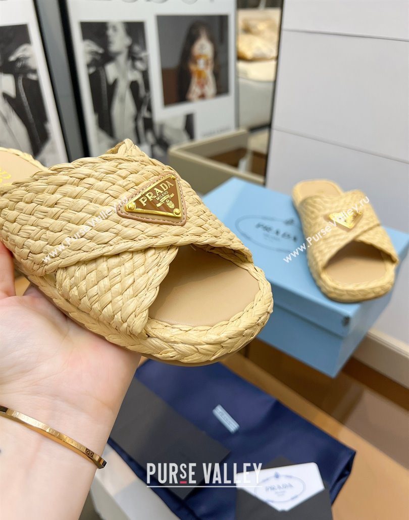 Prada Raffia straw crisscross flat slides sandal Beige Yellow 2025 1XX750 (MD-250603063)