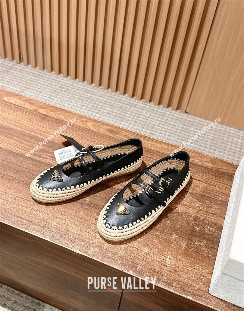 Prada Nappa leather and raffia straw ballerinas flat Black 2025 1F869N (syt-250603074)