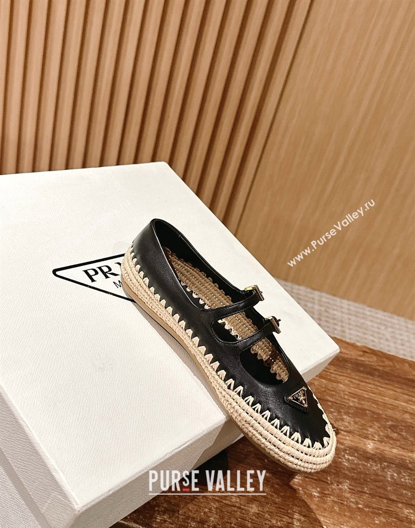 Prada Nappa leather and raffia straw ballerinas flat Black 2025 1F869N (syt-250603074)