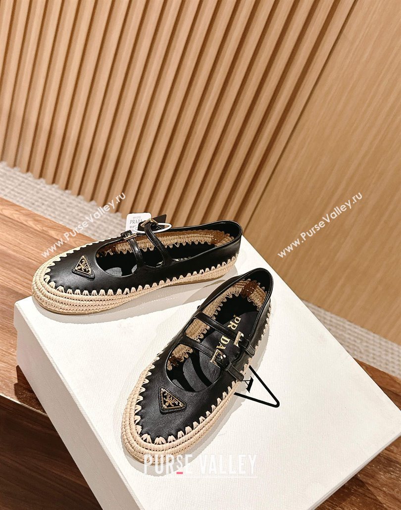 Prada Nappa leather and raffia straw ballerinas flat Black 2025 1F869N (syt-250603074)