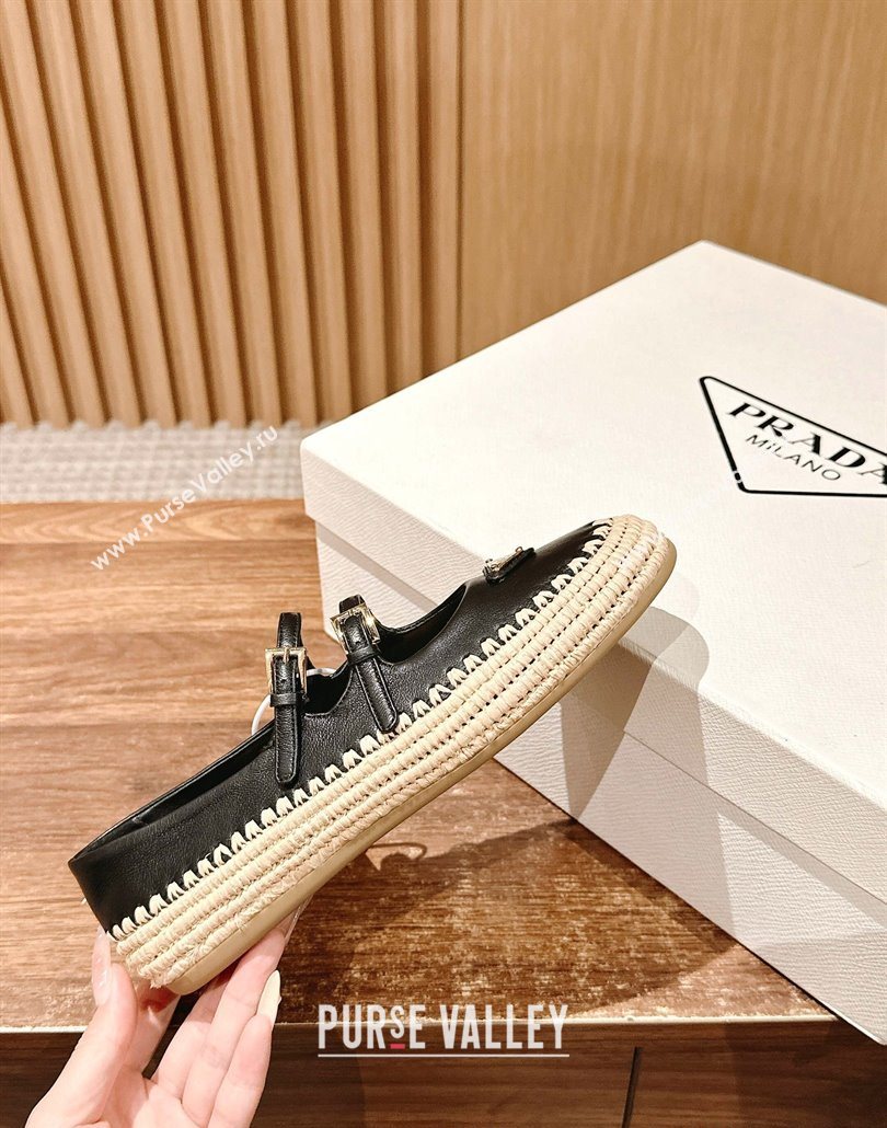Prada Nappa leather and raffia straw ballerinas flat Black 2025 1F869N (syt-250603074)