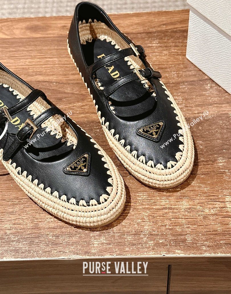 Prada Nappa leather and raffia straw ballerinas flat Black 2025 1F869N (syt-250603074)