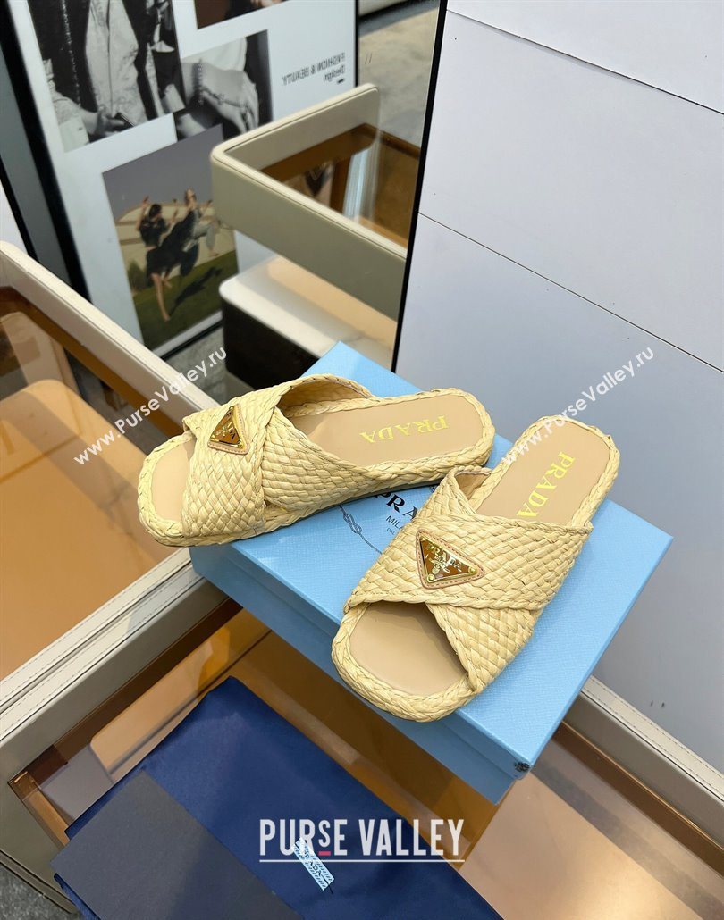Prada Raffia straw crisscross flat slides sandal Beige Yellow 2025 1XX750 (MD-250603063)