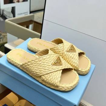 Prada Raffia straw crisscross flat slides sandal Beige Yellow 2025 1XX750 (MD-250603063)