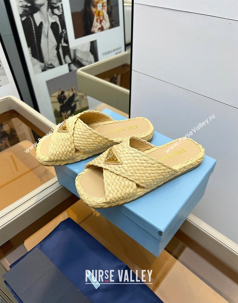 Prada Raffia straw crisscross flat slides sandal Beige Yellow 2025 1XX750 (MD-250603063)