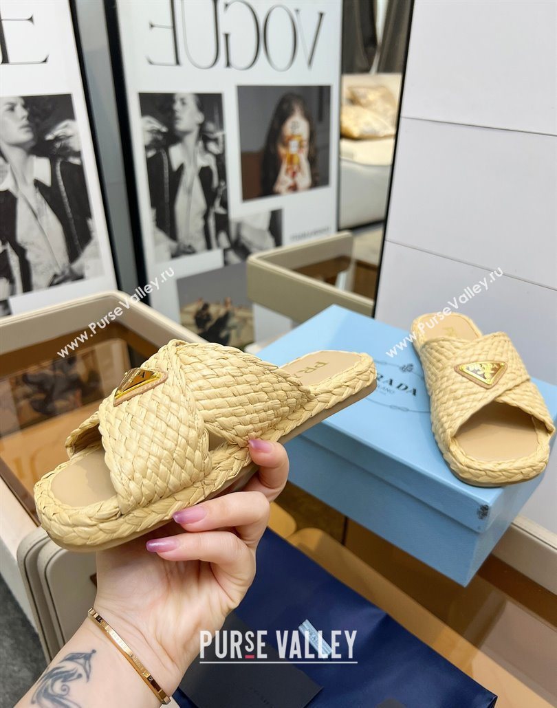 Prada Raffia straw crisscross flat slides sandal Beige Yellow 2025 1XX750 (MD-250603063)