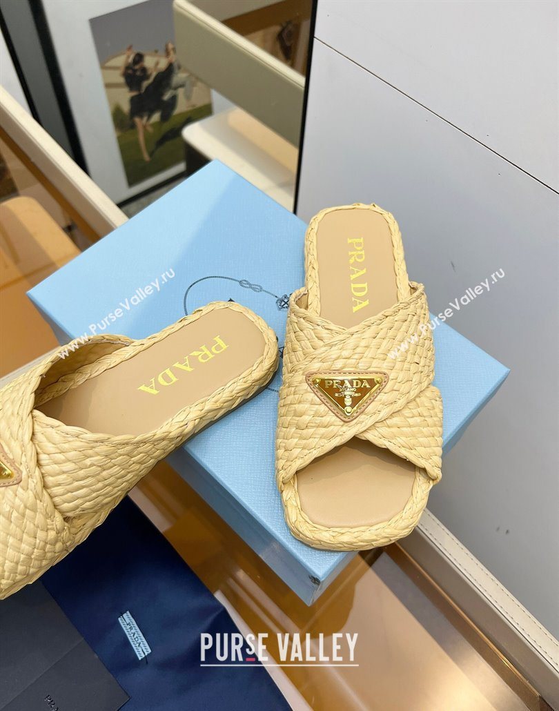 Prada Raffia straw crisscross flat slides sandal Beige Yellow 2025 1XX750 (MD-250603063)