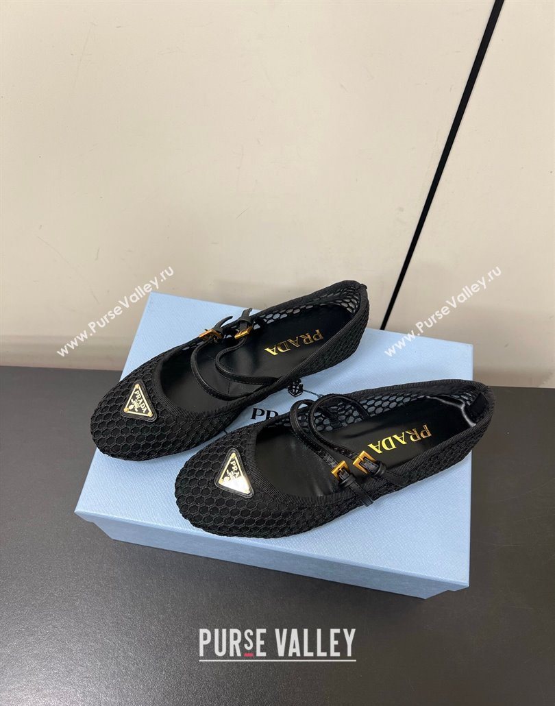 Prada Mesh fabric ballerinas flat Black 2025 1F915N (HQG-250603058)