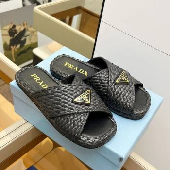 Prada Raffia straw crisscross flat slides sandal Black 2025 1XX750 (MD-250603064)
