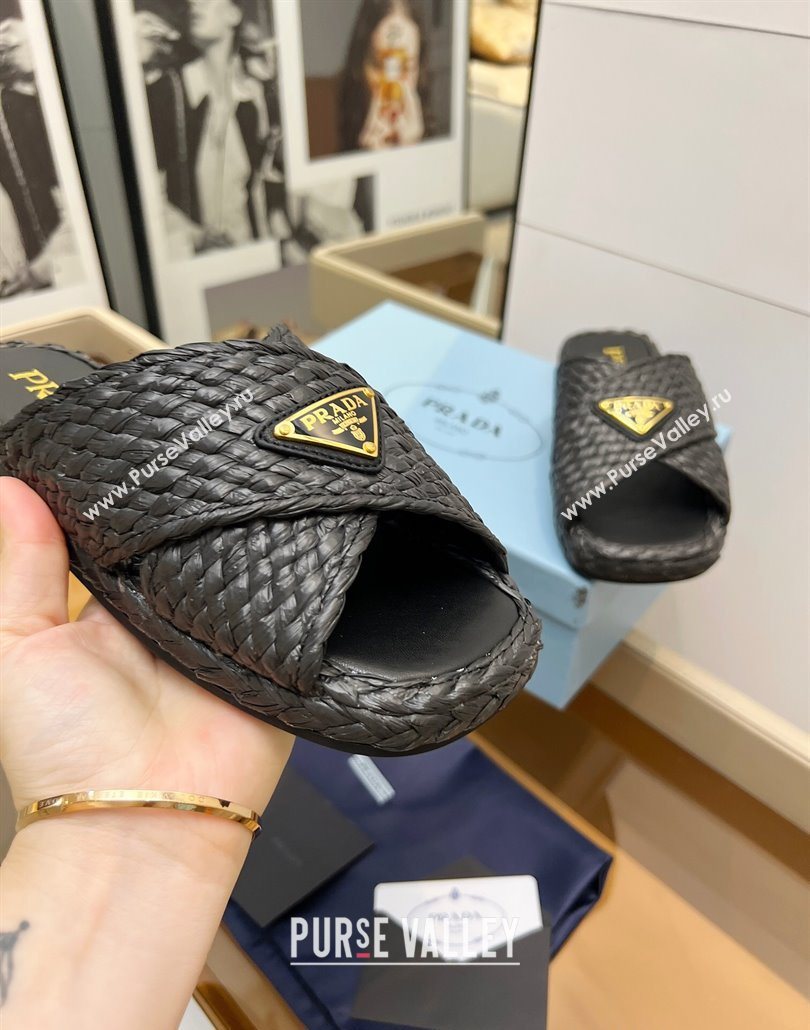 Prada Raffia straw crisscross flat slides sandal Black 2025 1XX750 (MD-250603064)