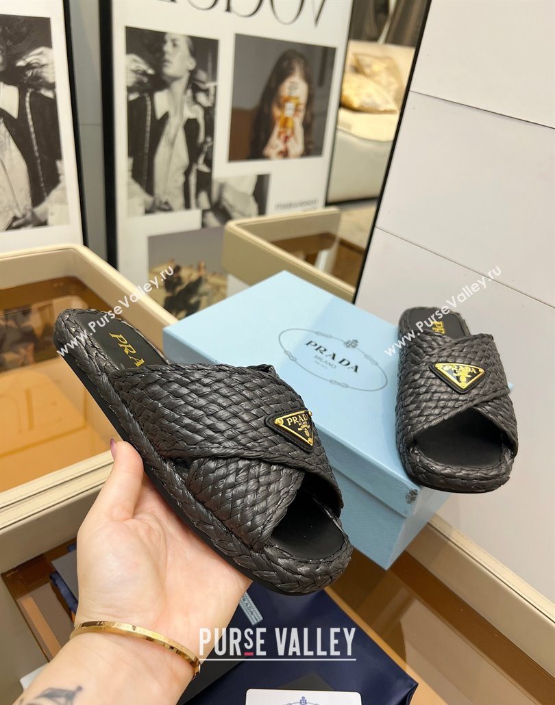 Prada Raffia straw crisscross flat slides sandal Black 2025 1XX750 (MD-250603064)