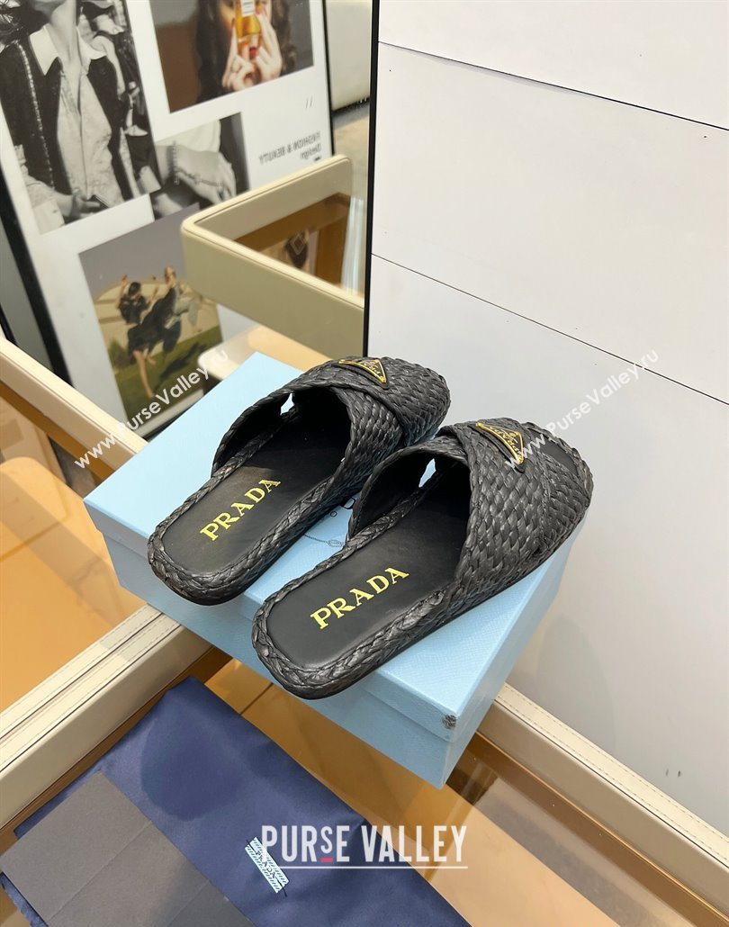 Prada Raffia straw crisscross flat slides sandal Black 2025 1XX750 (MD-250603064)