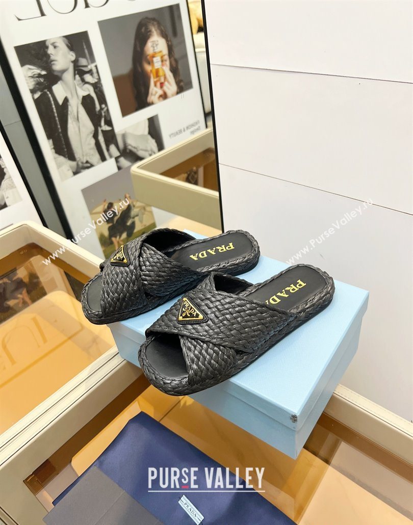 Prada Raffia straw crisscross flat slides sandal Black 2025 1XX750 (MD-250603064)