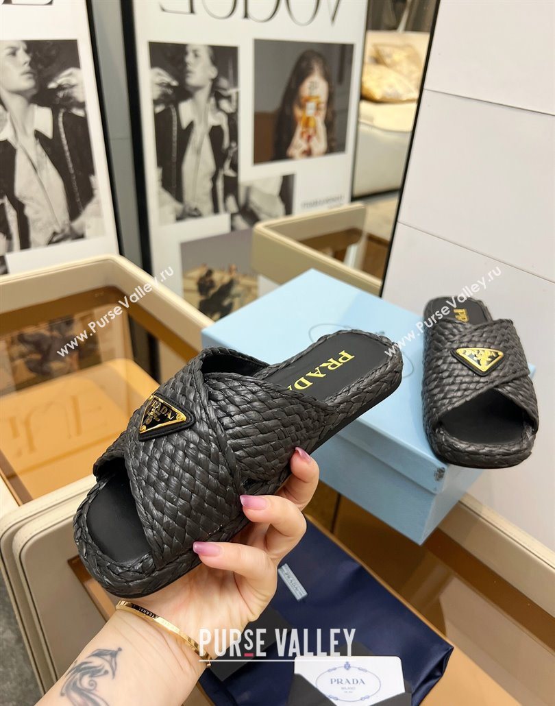 Prada Raffia straw crisscross flat slides sandal Black 2025 1XX750 (MD-250603064)