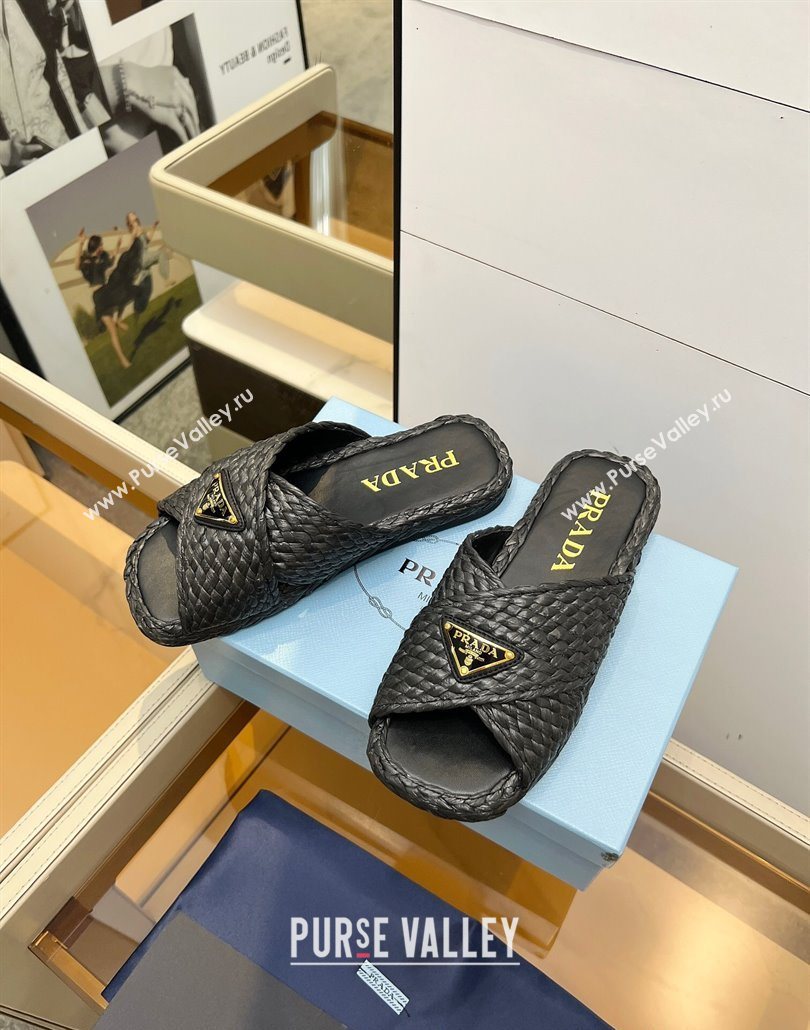 Prada Raffia straw crisscross flat slides sandal Black 2025 1XX750 (MD-250603064)