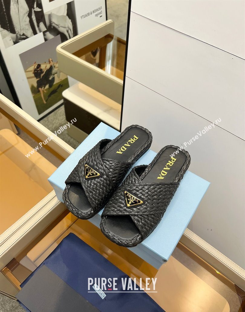 Prada Raffia straw crisscross flat slides sandal Black 2025 1XX750 (MD-250603064)
