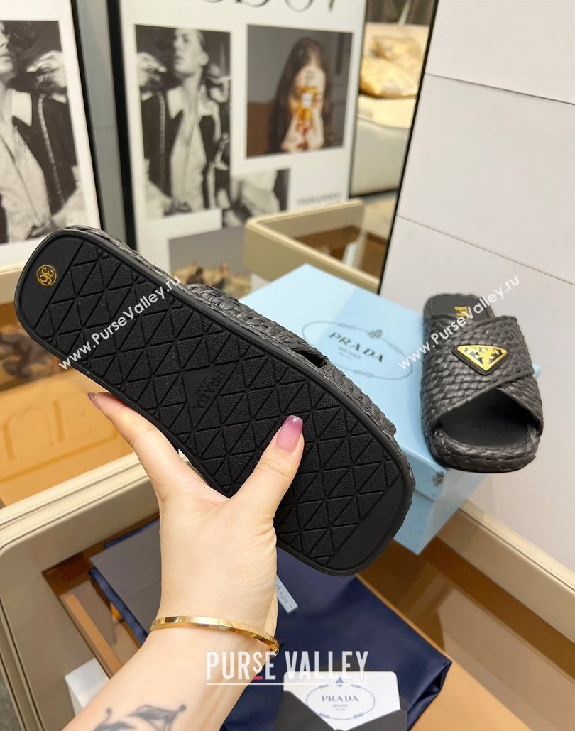 Prada Raffia straw crisscross flat slides sandal Black 2025 1XX750 (MD-250603064)