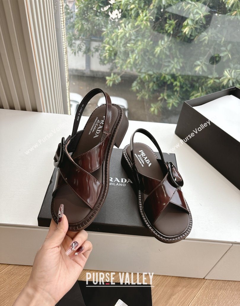 Prada Brushed leather sandals with buckle Brown2 2025 1X962N (MD-250603033)