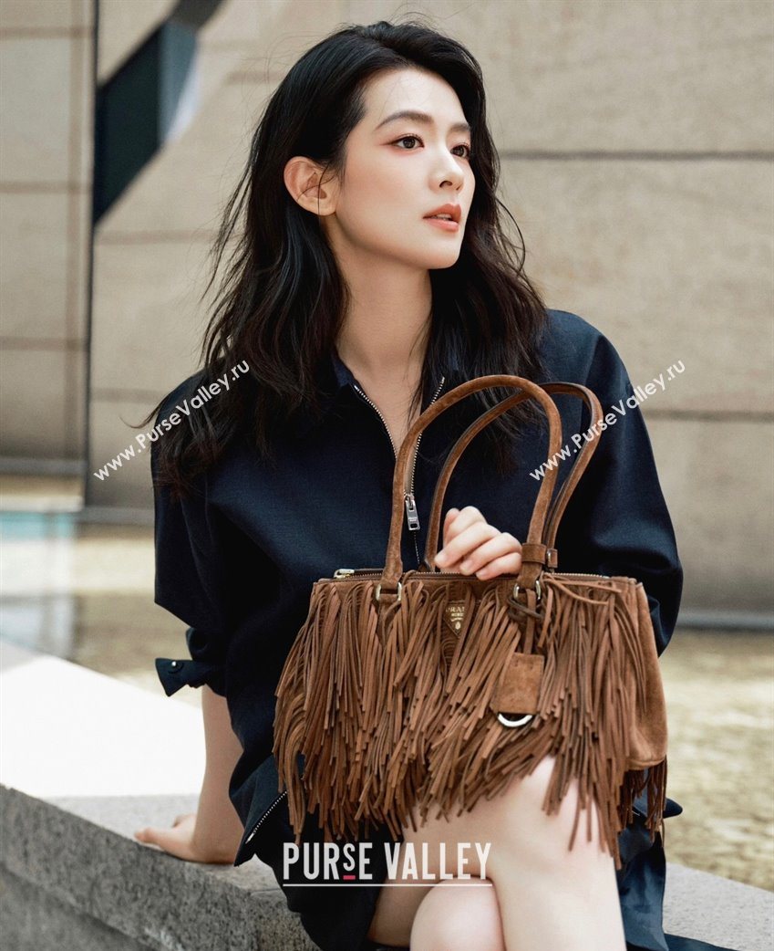 Prada Galleria medium suede bag with Tassel Brown 2025 1BA457 (YZ-250627001)