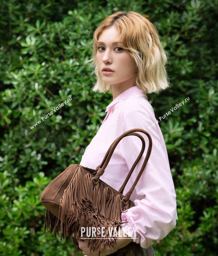 Prada Galleria medium suede bag with Tassel Brown 2025 1BA457 (YZ-250627001)