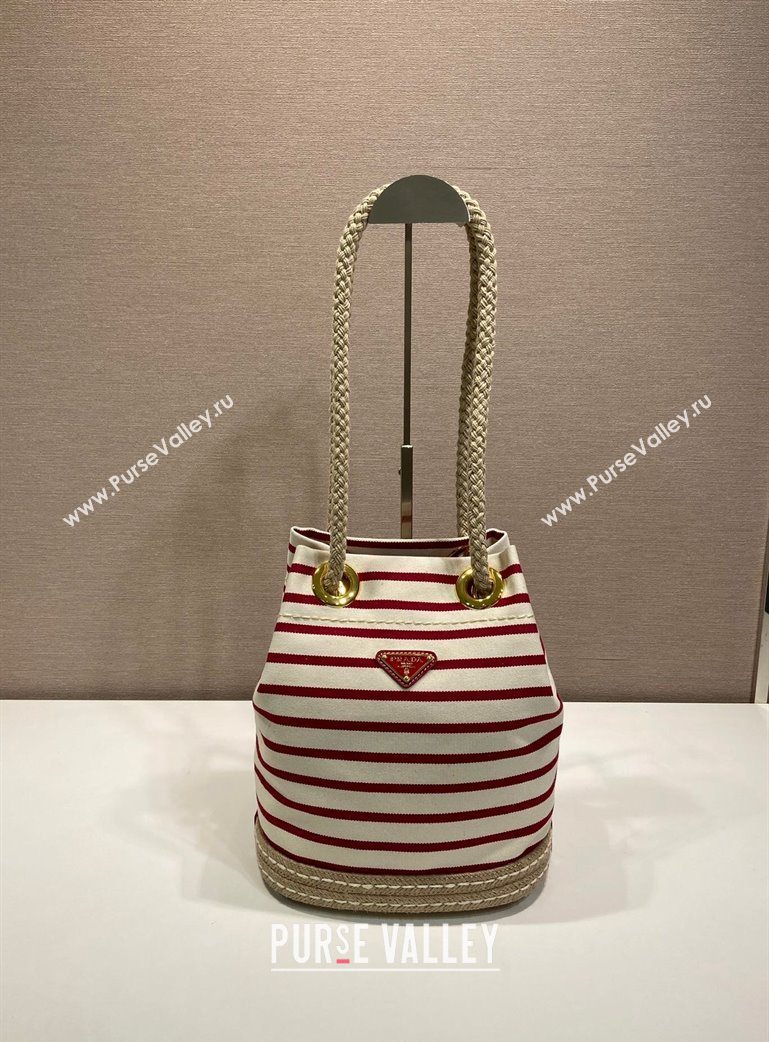 Prada Mariner small striped fabric bucket bag White/Red 2025 1BE082 (YZ-250627009)