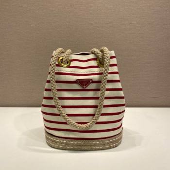Prada Mariner small striped fabric bucket bag White/Red 2025 1BE082 (YZ-250627009)