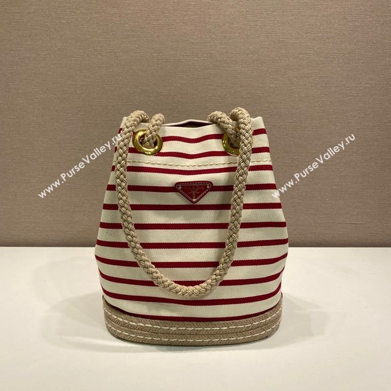 Prada Mariner small striped fabric bucket bag White/Red 2025 1BE082 (YZ-250627009)