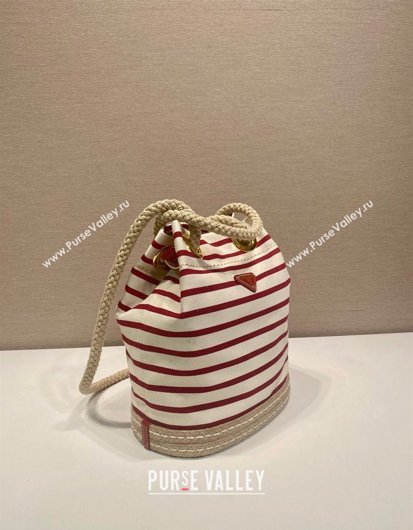 Prada Mariner small striped fabric bucket bag White/Red 2025 1BE082 (YZ-250627009)
