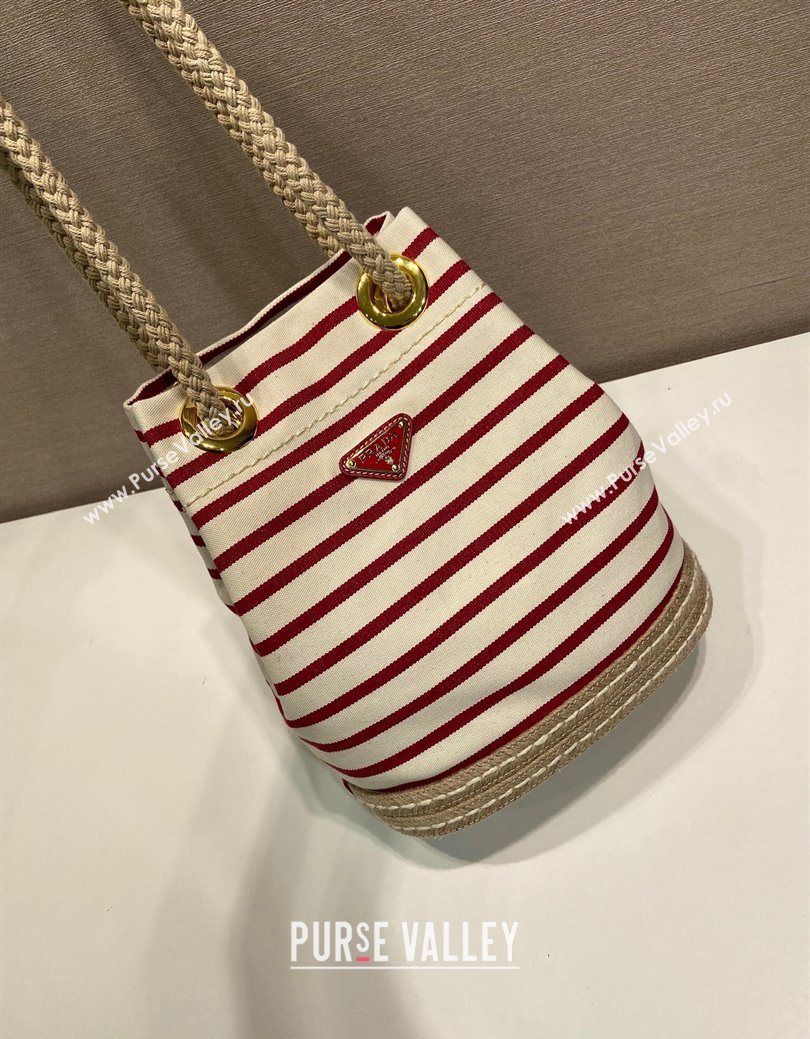 Prada Mariner small striped fabric bucket bag White/Red 2025 1BE082 (YZ-250627009)