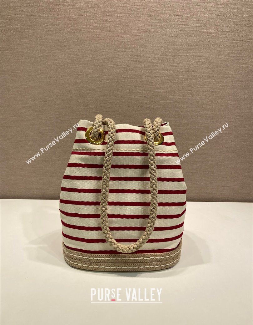 Prada Mariner small striped fabric bucket bag White/Red 2025 1BE082 (YZ-250627009)