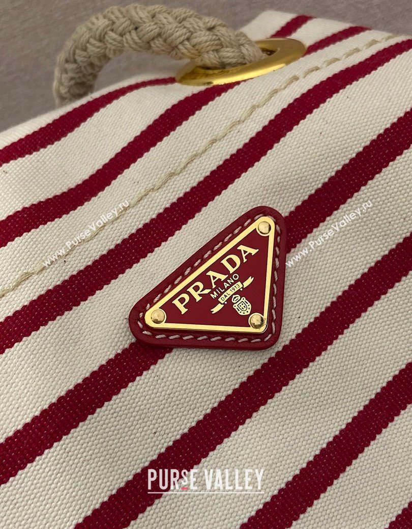 Prada Mariner small striped fabric bucket bag White/Red 2025 1BE082 (YZ-250627009)