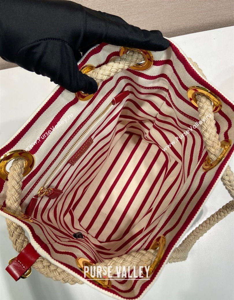 Prada Mariner small striped fabric bucket bag White/Red 2025 1BE082 (YZ-250627009)