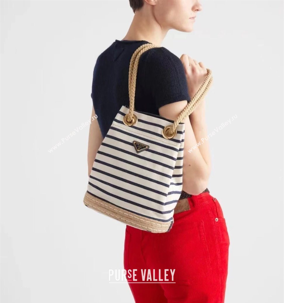 Prada Mariner small striped fabric bucket bag White/Blue 2025 1BE082 (YZ-250627010)