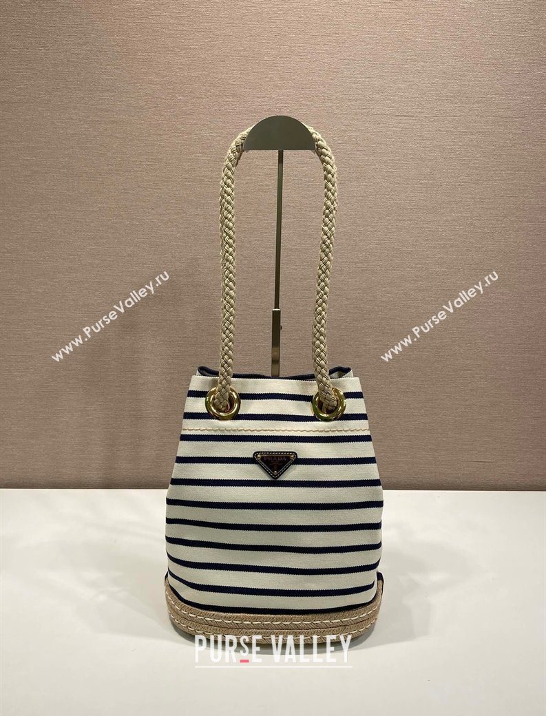 Prada Mariner small striped fabric bucket bag White/Blue 2025 1BE082 (YZ-250627010)