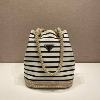 Prada Mariner small striped fabric bucket bag White/Blue 2025 1BE082 (YZ-250627010)