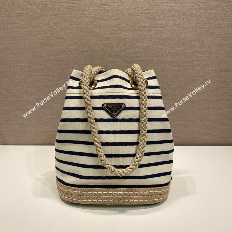 Prada Mariner small striped fabric bucket bag White/Blue 2025 1BE082 (YZ-250627010)