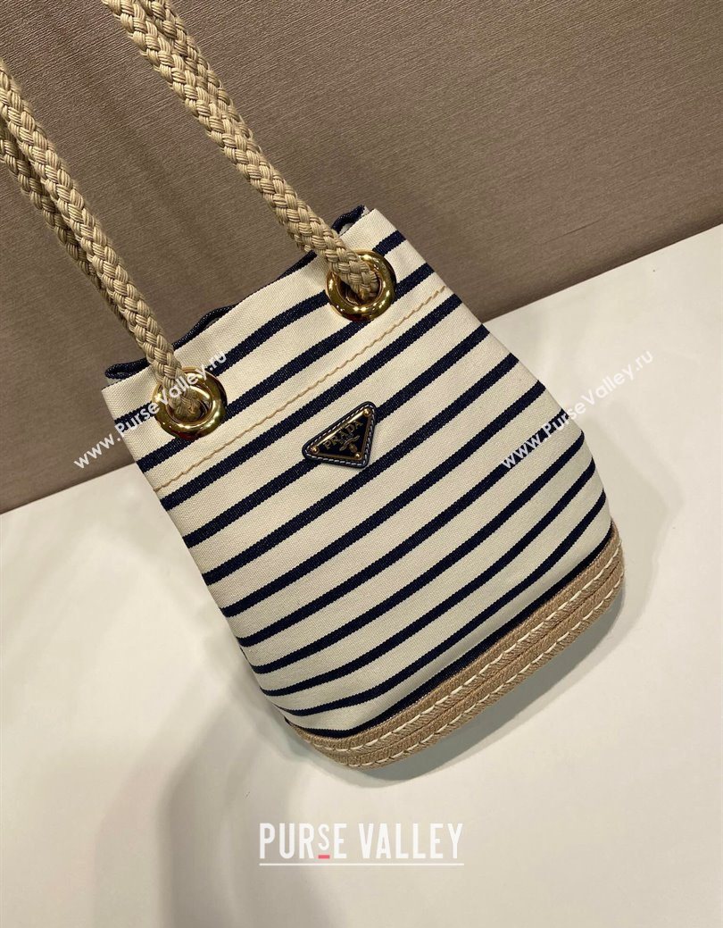 Prada Mariner small striped fabric bucket bag White/Blue 2025 1BE082 (YZ-250627010)