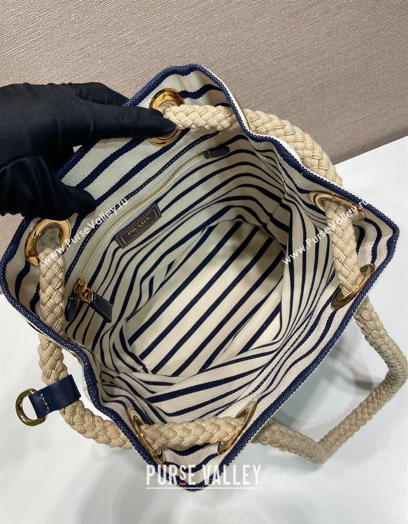 Prada Mariner small striped fabric bucket bag White/Blue 2025 1BE082 (YZ-250627010)