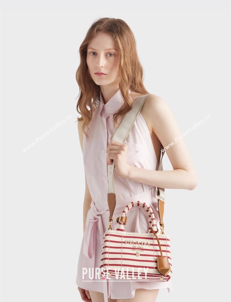 Prada Jardiniere striped cotton canvas mini-bag White/Red 2025 1BA038 (YZ-250627011)