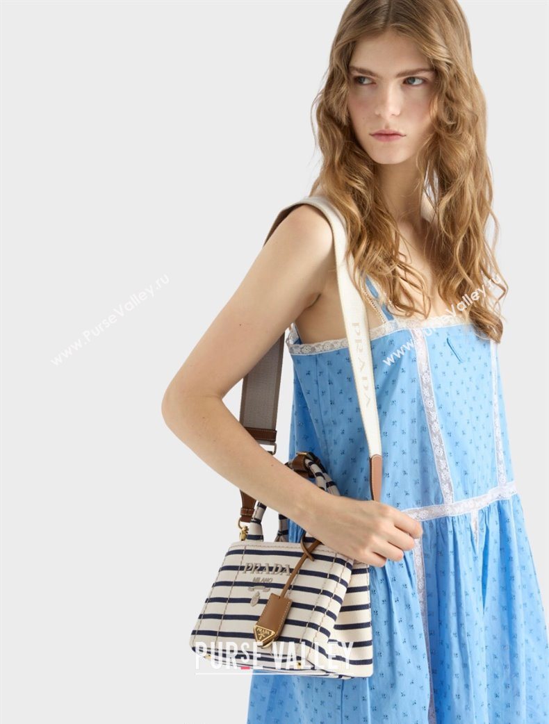 Prada Jardiniere striped cotton canvas mini-bag White/Blue 2025 1BA038 (YZ-250627012)