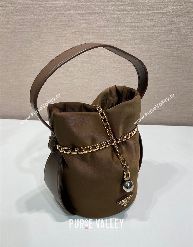 Prada Nylon Small Bucket Bag with Chain Brown 2025 1BE088 (YZ-250627037)
