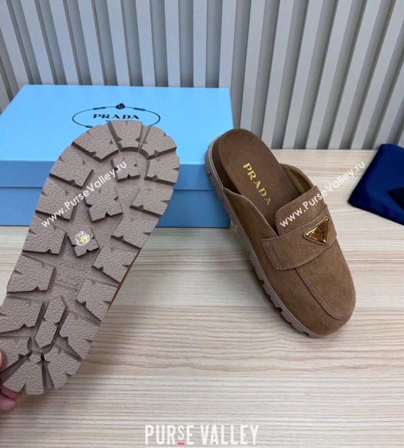 Prada Suede Flat Mules Taupe Brown 2025 043002 (MD-250710107)