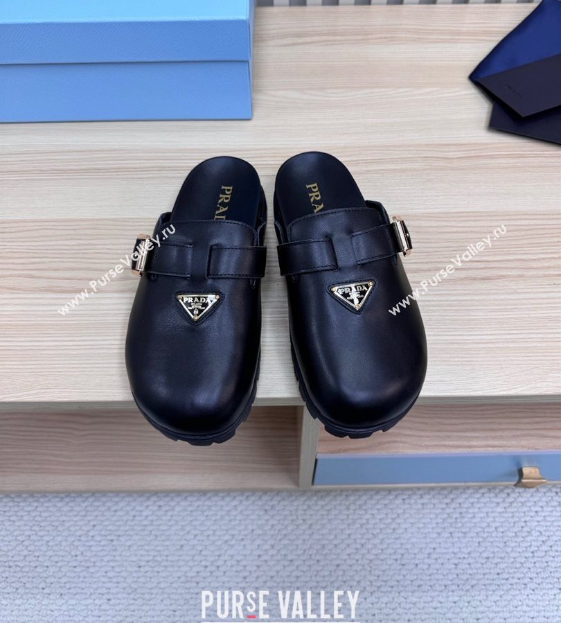 Prada Nappa Leather Flat Mules with Buckle Black 2025 PR071001 (MD-250710110)