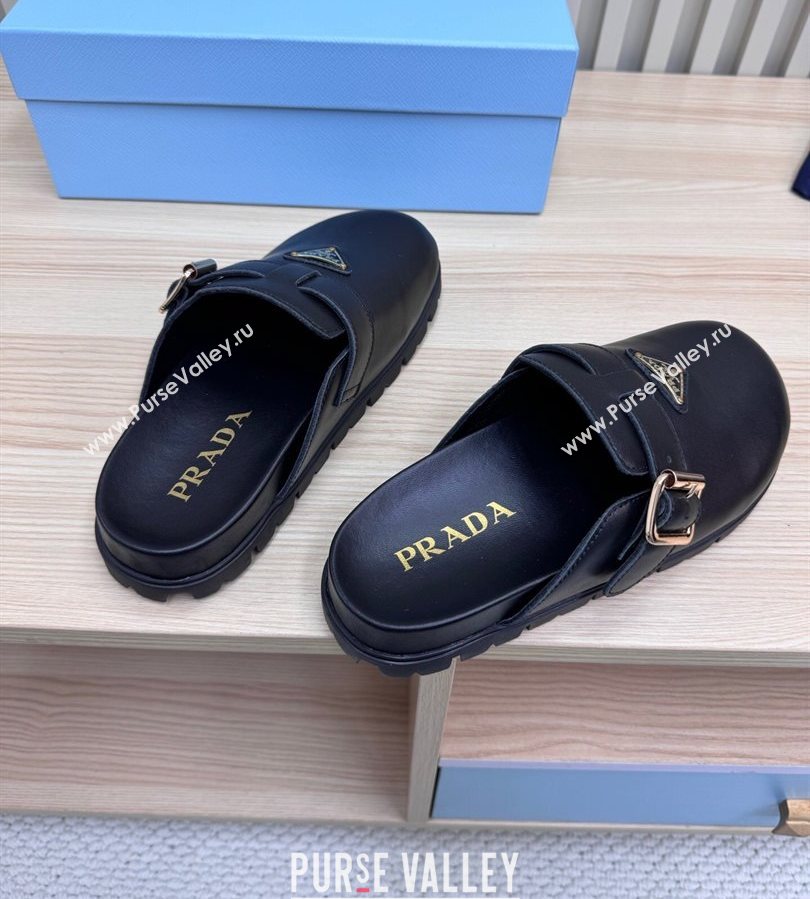 Prada Nappa Leather Flat Mules with Buckle Black 2025 PR071001 (MD-250710110)