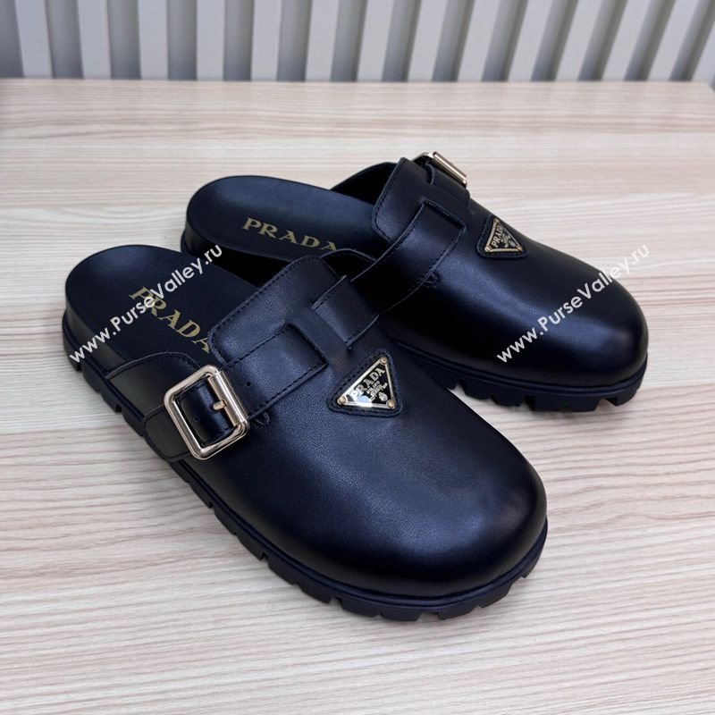 Prada Nappa Leather Flat Mules with Buckle Black 2025 PR071001 (MD-250710110)